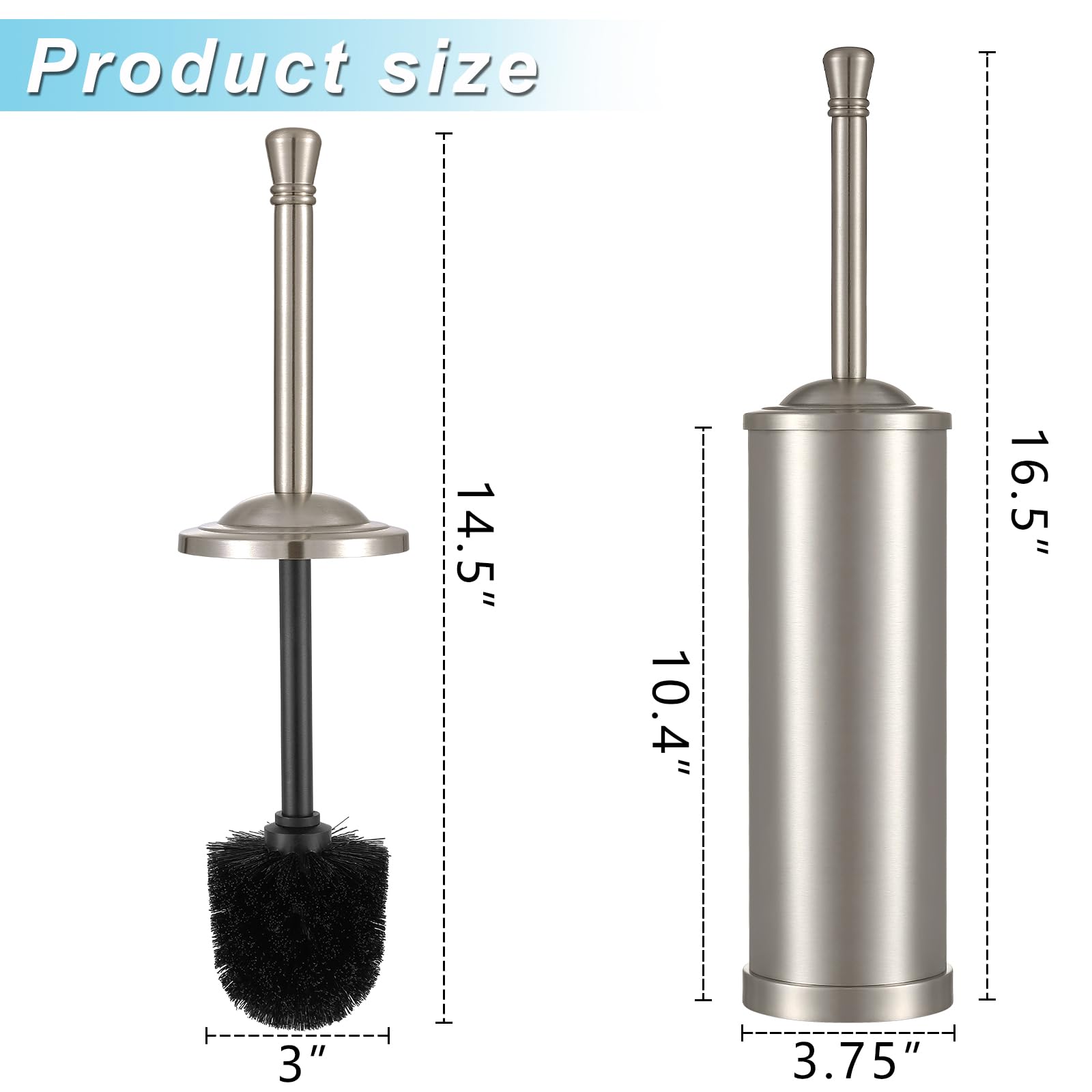 Brushed Nickel Toilet Brush and Holder Set,304 Stainless Steel Toilet Bowl Brush and Holder for Bathroom,Silver Heavy Duty Toilet Brush,Durable Scrubbing Bristles,Splash Resistant,Long Handle