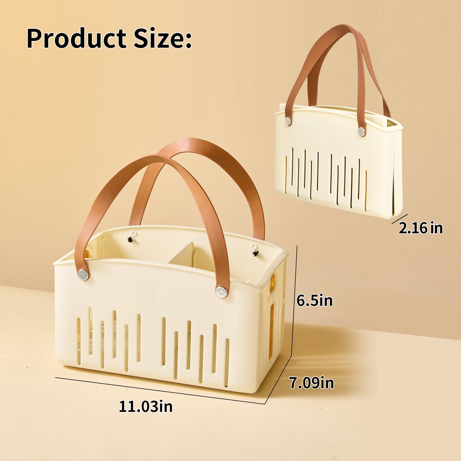 Portable Shower Caddy,Foldable Shower Caddy with Handle and Adjustable Divider,Plastic Shower Storage Basket,Quick Dry Bathroom Shower Organizer Bin for College,Dorm Room,Travel Essentials(Cream)
