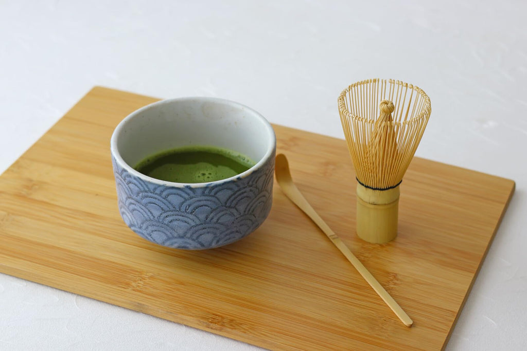 Authentic Japanese Matcha Whisk Set - Mino Ware Matcha Bowl, Traditional Japanese Design, 3 Piece Starter Kit Made in JAPAN (Blue Wave set)