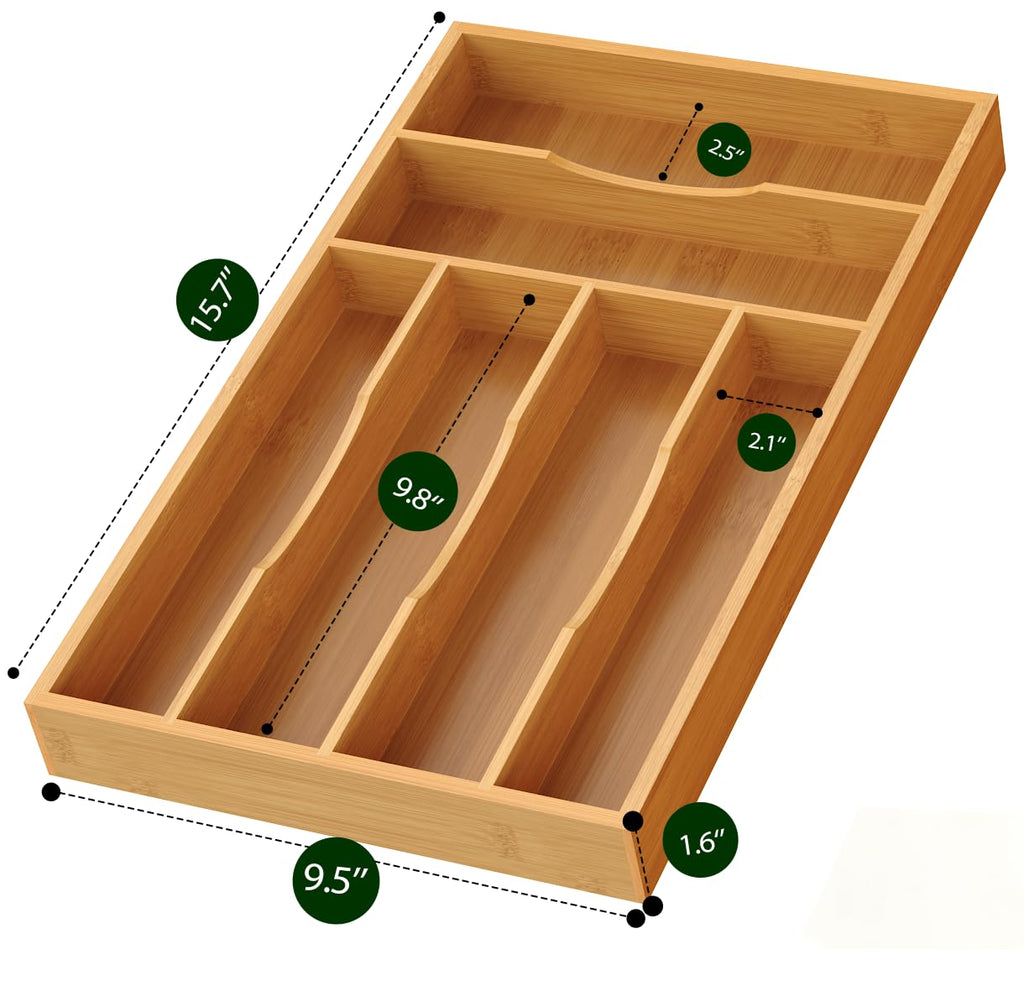 Bayting Bamboo Silverware Organizer, Bamboo Kitchen Drawer Cutlery Organizer, Utensil Holder, Flatware Organizer Tray (15.8"x9.5"x1.6")