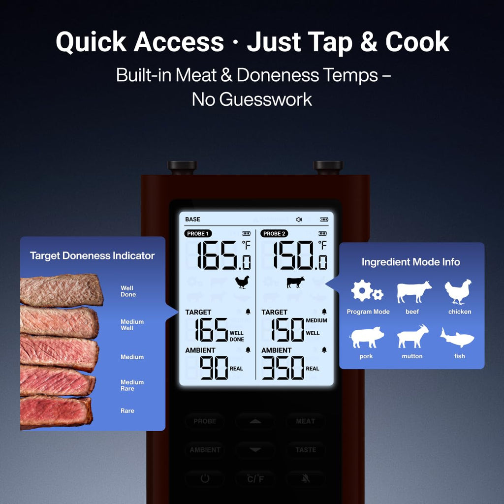 ThermoMaven Smart Wireless Meat Thermometer - 3000FT Range, 6 Sensors, NIST Certified Accuracy, Large LCD