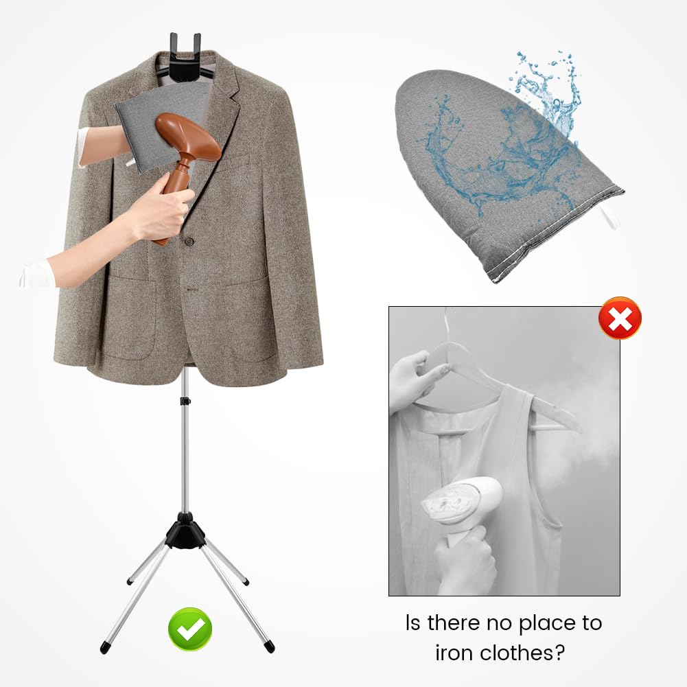 Londehuhai Garment Steamer Stand with Rotating Hanger & Heat-Resistant Glove - Adjustable Aluminum Alloy Ironing Rack for Pants, Jeans, Dresses - Folding Steamer Holder for Clothes(Color:Black)