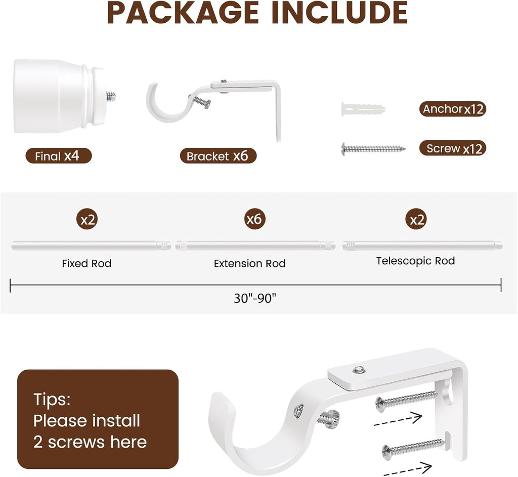 Skiennix 1” Diameter Adjustable Curtain Rod - Heavy Duty Metal, 30-90 Inch, Matte White, 2 Pack
