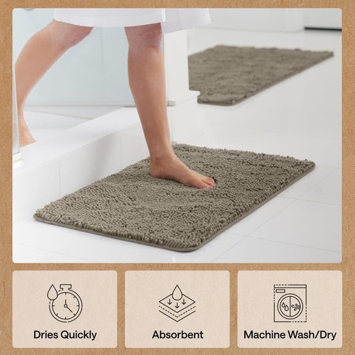 GORILLA GRIP Bath Rug Mat - Thick Soft Absorbent Chenille | Quick Dry Microfiber, 24x17, Latte