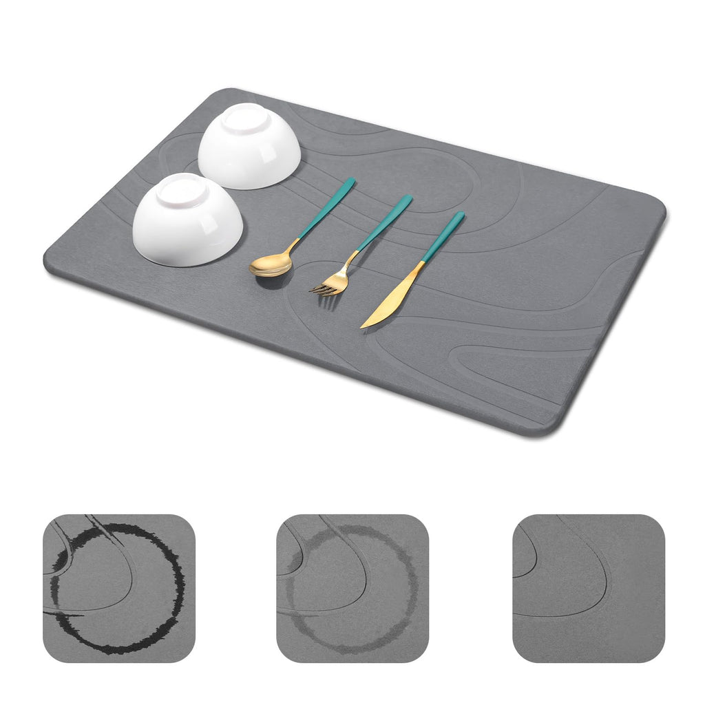 Snuggery Large Stone Drying Mat for Kitchen Counter - 24"x16" Dirt-Resistant Quick Drying Fast Absorbent Non-Slip Diatomite Mat, Natural Diatomaceous Earth Dish Drying Pad for Dish Rack(Dark Grey)