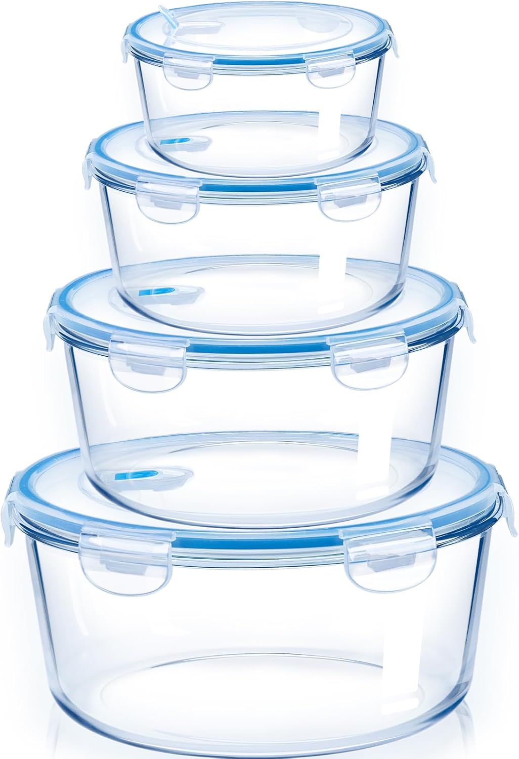 NUTRIUPS Round Glass Food Storage Containers - Airtight Lids for Meal Prep | 4-Piece Set, 15oz Each