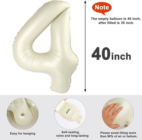 40 Inch Large Number Balloon - Cream White 4 Balloon for Birthday Parties & Graduations | Wedding Supplies