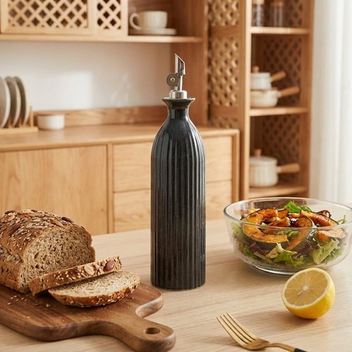 UDNORDGLOW 18 oz Ceramic Olive Oil Bottle Dispenser for kitchen with Stainless Automatic Spout, Stoneware 500ml Oil, Vinegar, Soy Sauce, Coffee Syrup, and Liquids container - Deep Gray-Blue