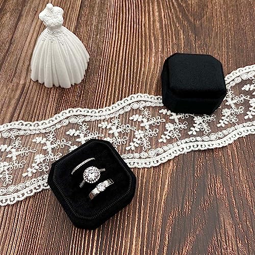 Black Velvet Ring Box - 3 Slots Octagon Holder for Weddings