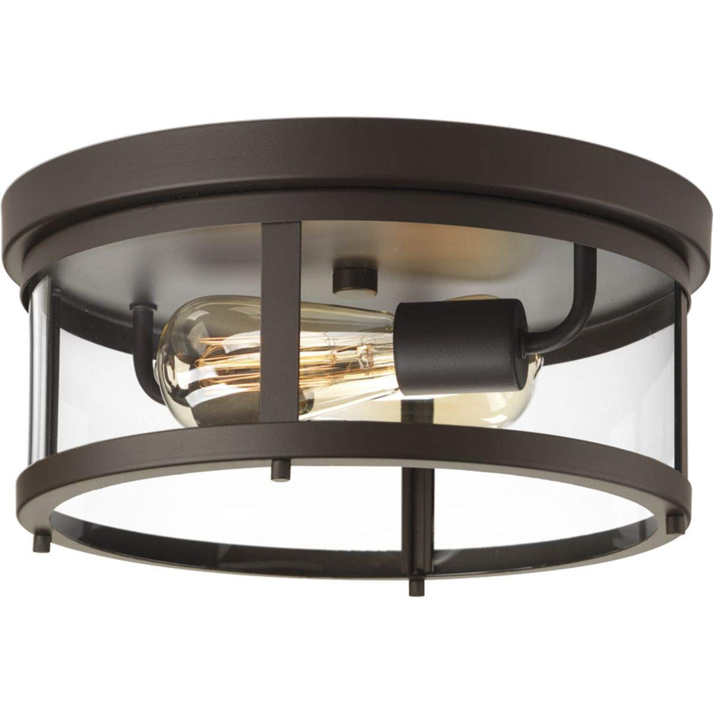 Progress Lighting Gunther Collection 2-Light Clear Glass Farmhouse Outdoor Flush Mount Light Antique Bronze, 5.75x12.63x12.63