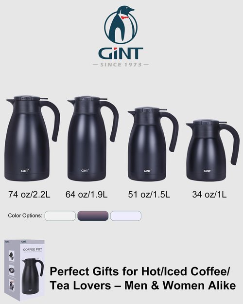 GiNT 2.2L / 74Oz Thermal Coffee Carafe, Insulated Stainless Steel Coffee Carafes for Keeping Hot/Double Walled Vacuum Thermal Carafe (Black)