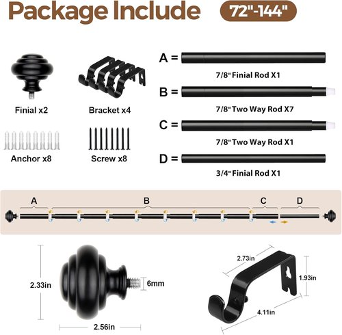 KAMANINA Heavy Duty Black Curtain Rods - Adjustable 72 to 144 Inches | Modern Decorative Drapery Set