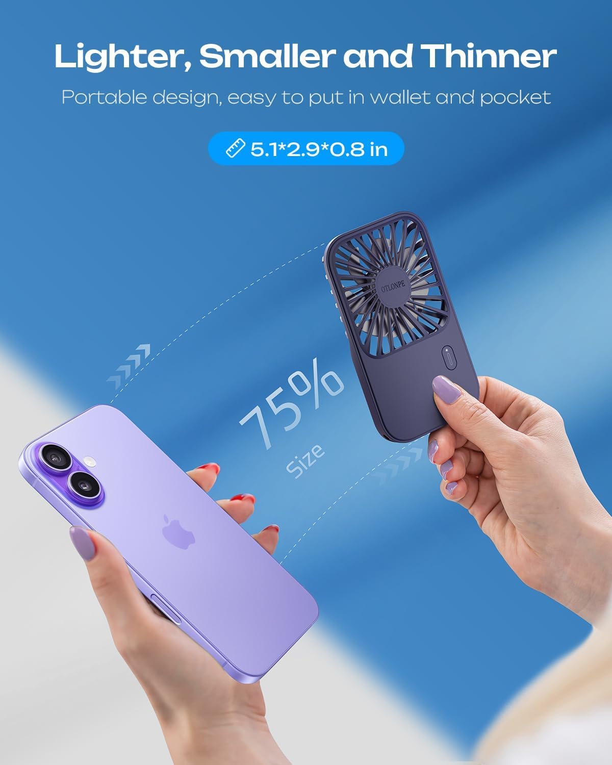 Otlonpe Mini Portable Handheld Fan - Rechargeable, 3-Speed, Foldable Stand, Slim Design | Blue