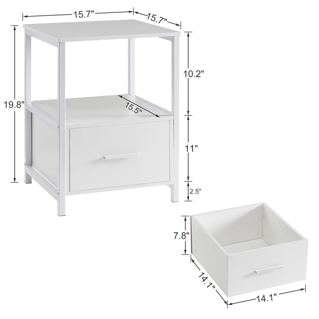 VECELO Nightstand Set of 2 with Wooden Storage Drawer Square Modern Bedside End Tables for Bedroom Living Room, Open Shelf, Industrial Metal Frame, Small Space, White