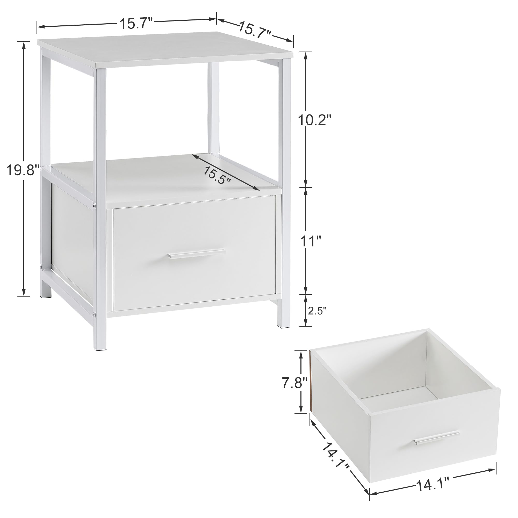 VECELO Nightstand Set of 2 with Wooden Storage Drawer Square Modern Bedside End Tables for Bedroom Living Room, Open Shelf, Industrial Metal Frame, Small Space, White