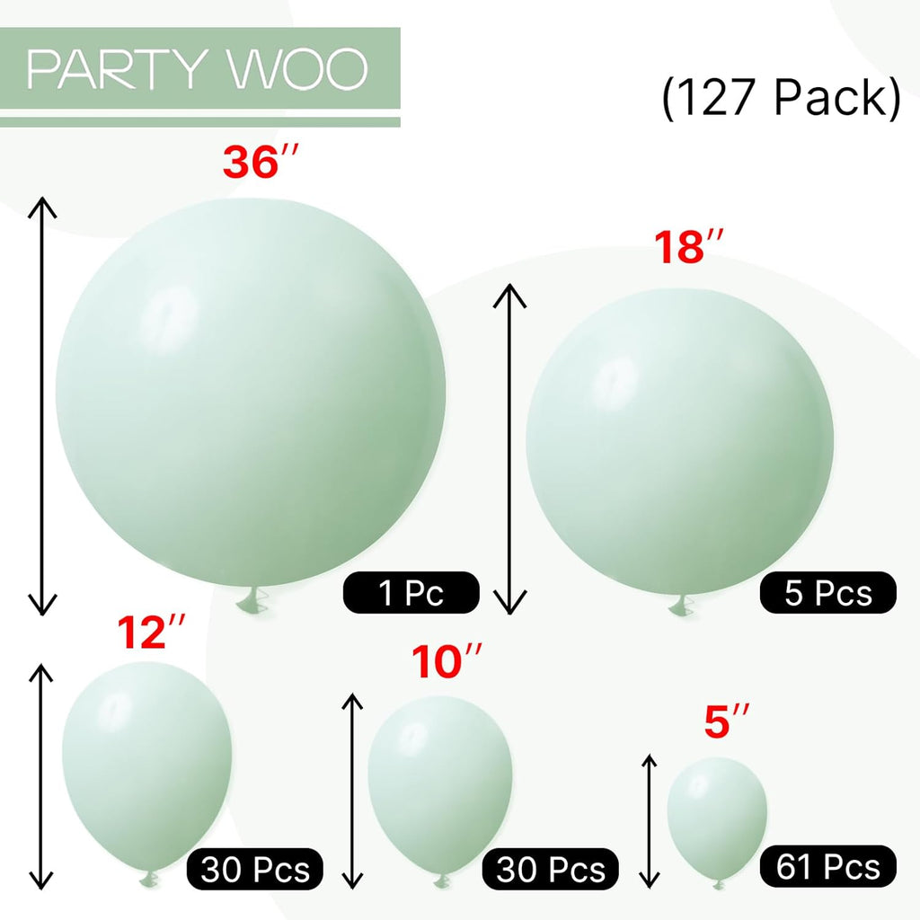 PartyWoo Light Green Balloon Arch Kit - 127pcs in Mint Pastel Sizes for Baby Showers & Birthdays