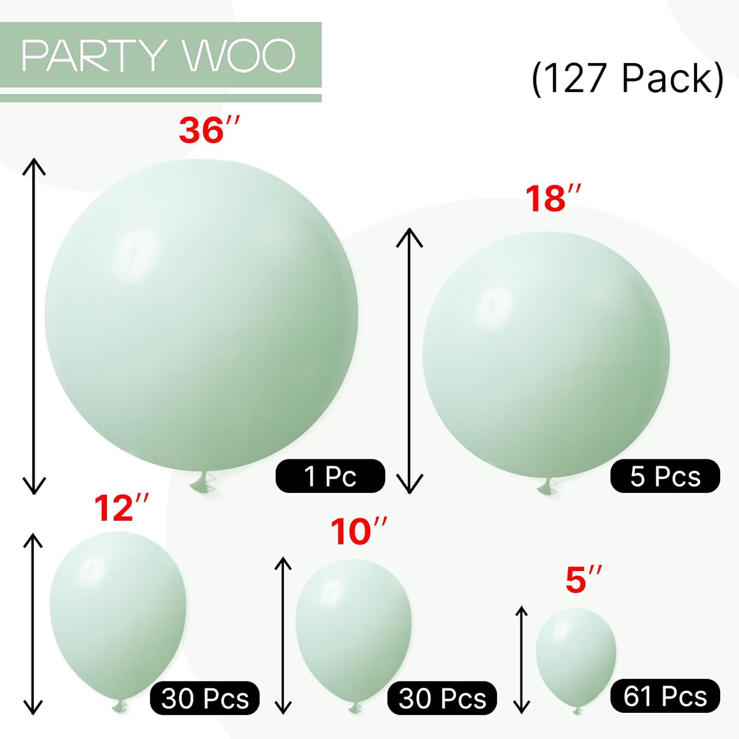 PartyWoo Light Green Balloon Arch Kit - 127pcs in Mint Pastel Sizes for Baby Showers & Birthdays