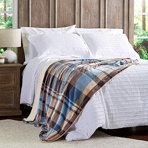 Lavish Home Poly Fleece Sherpa Throw - Oversized Plush Woven Polyester Sofa and Bed Blanket - Breathable and Machine Washable (Blue/Brown Plaid)