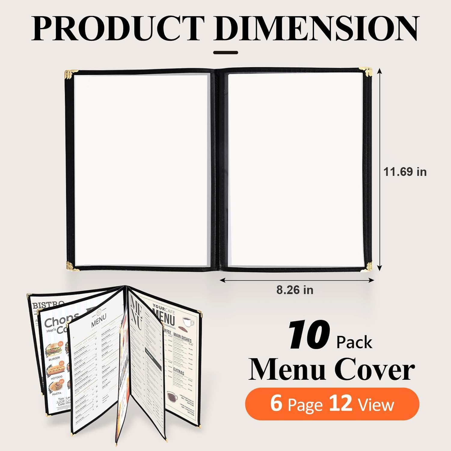 10 Pack Menu Covers 6 Page 12 View, 8.26 x 11.69 Inches Transparent Restaurant Recipe Menu Covers Menu Holder with Leatherette Trim & Metal Corners for Bar Cafe Restaurant