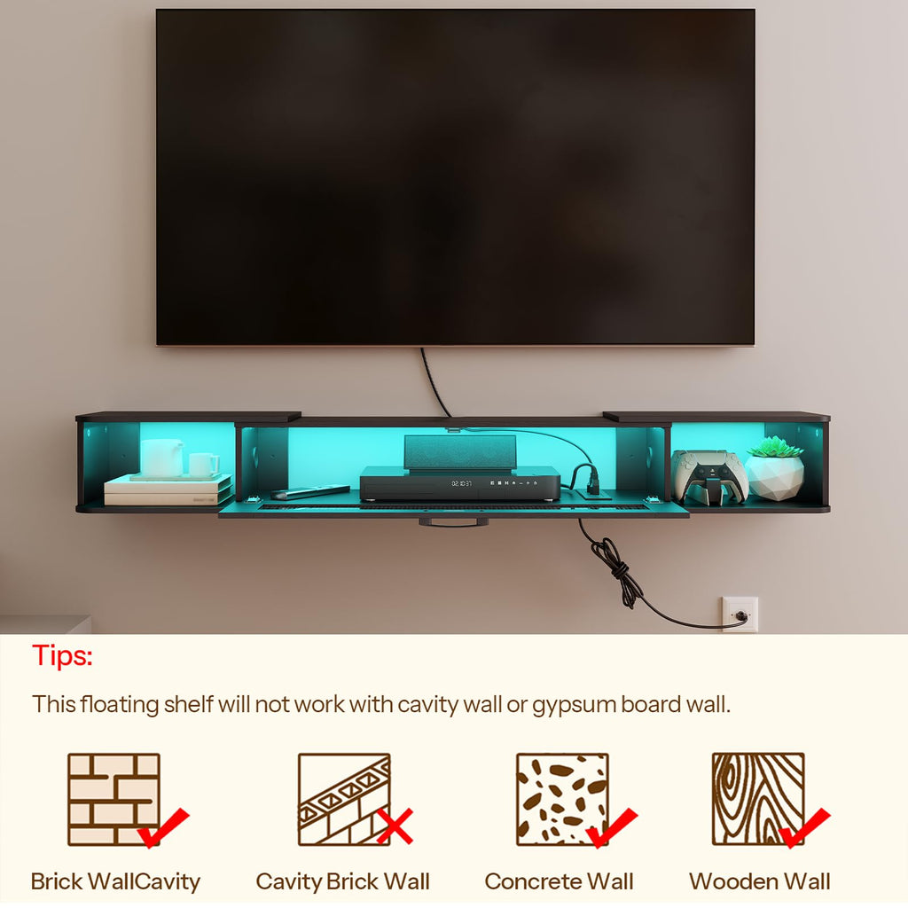 HOOBRO Floating TV Stand with LED Light Power Outlet for TVs up to 75”, Wall Mounted TV Shelf, Modern Media Console Entertainment Center Under TV, for Living Room Bedroom, Black BK36UDDS01G1