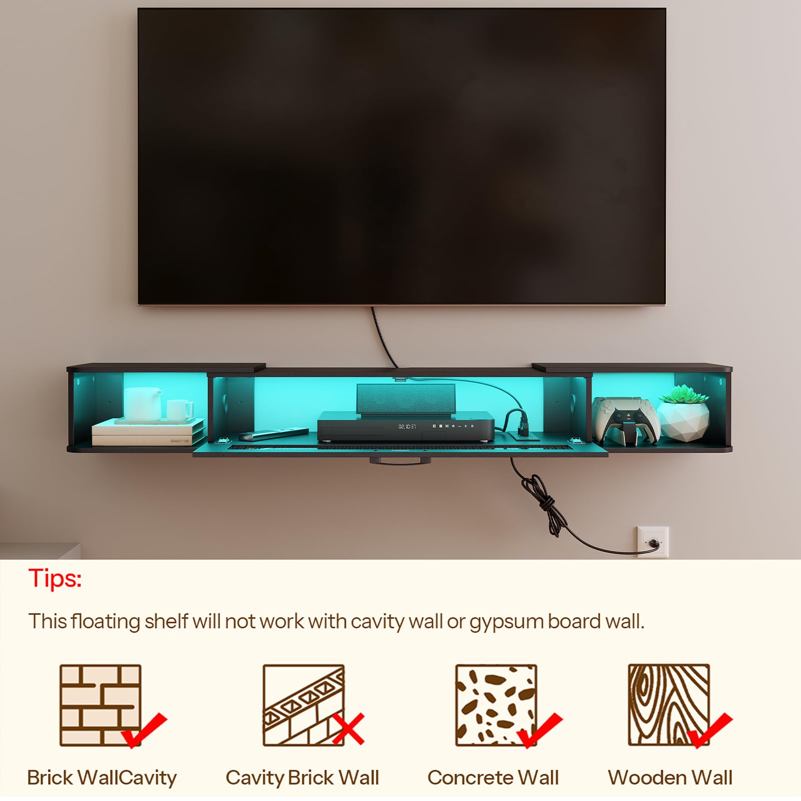 HOOBRO Floating TV Stand with LED Light Power Outlet for TVs up to 75”, Wall Mounted TV Shelf, Modern Media Console Entertainment Center Under TV, for Living Room Bedroom, Black BK36UDDS01G1