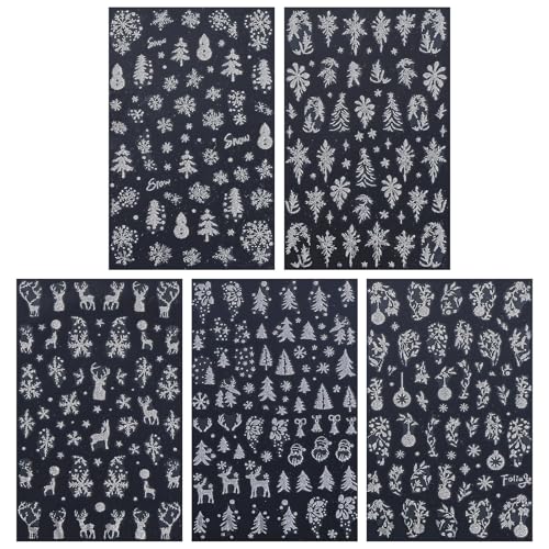 Glitter Christmas Nail Stickers Winter Silver Snowflake Elk Decals 5 Sheets