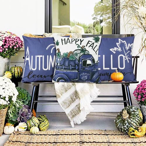 Fall Set of 4 18x18 Inch Decorative Pillow Covers with Pumpkins Leaves Polka Dots