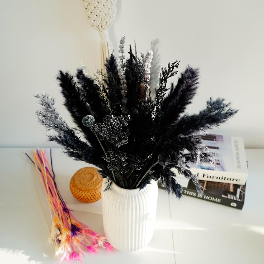 Natural Dried Pampas Grass Bouquet, 17" Black and Dark Grey Dried Flower Bouquet, Mixed with Thistle, Bohemian Style Home Dried Flower Decoration, DIY Assembly