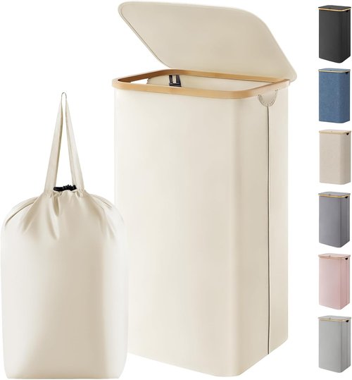 Lifewit 100L Laundry Basket - Foldable Hamper with Lid & Bamboo Handles | Large White Design