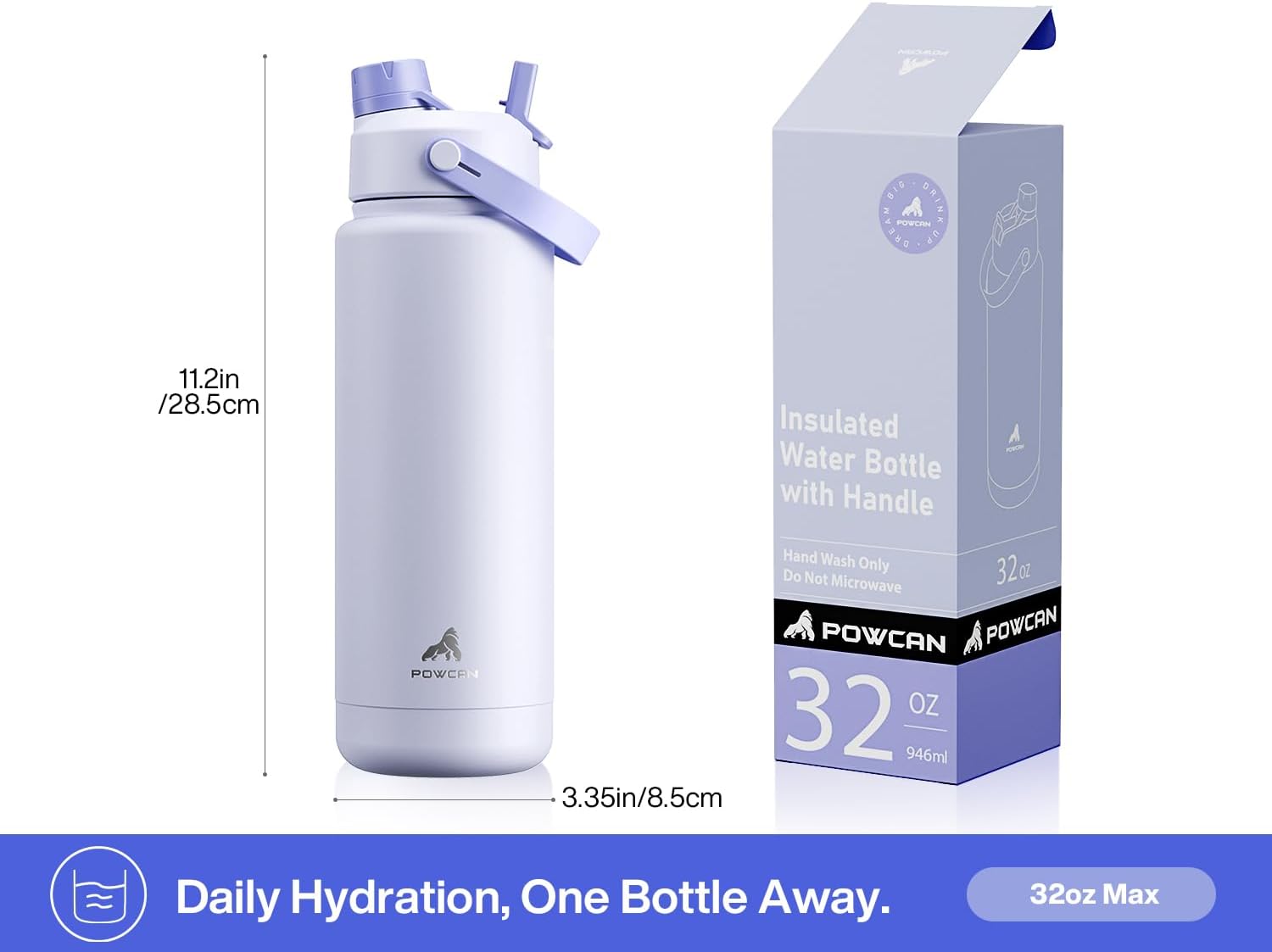 POWCAN 32 oz Insulated Water Bottle - 2-in-1 Straw & Spout Lid, Leak-Proof, BPA-Free | Perfect for Sports & Travel (Lupine)