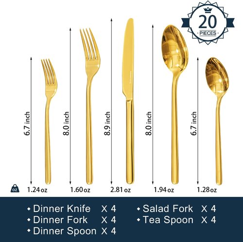 KINGSTONE 20-Piece Gold Silverware Set | 18/10 Stainless Steel, Mirror Polished, Dishwasher Safe for Home & Events