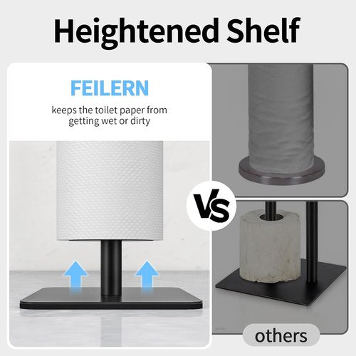 Feilern Toilet Paper Holder Stand - Floor Standing Dispenser with Top Shelf Storage - Black