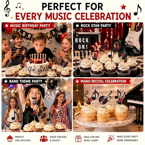 Music Note Cupcake Toppers Set - 12 Glitter Decorations for Parties