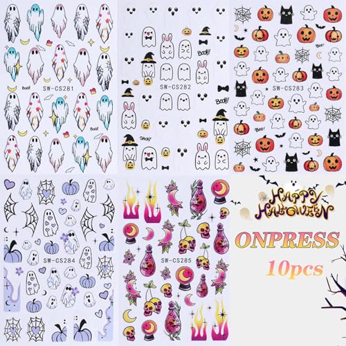 ONPRESS 10 Sheets Halloween Nail Stickers 3D Self-Adhesive Decals