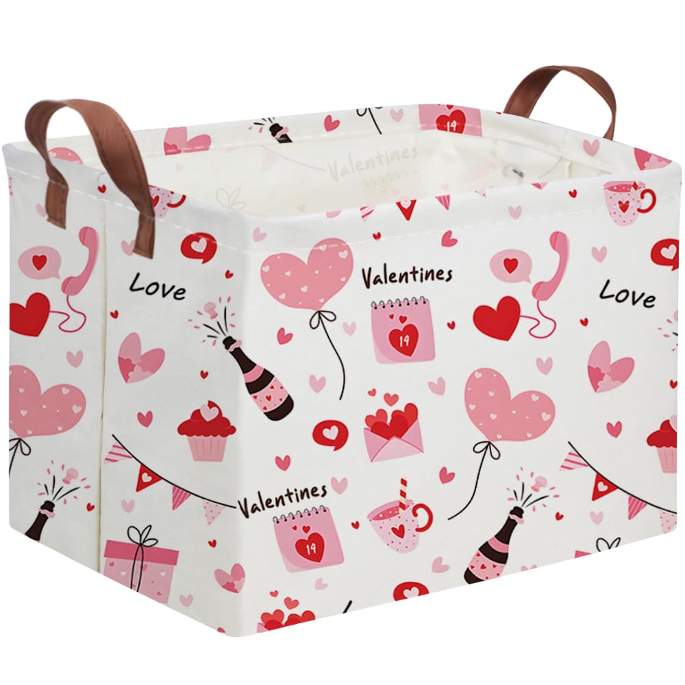 FXOCSHE Rectangular Pink Valentine's Day Gift Basket,nursery basket,Pink girls gift baskets,kids toy storage Bin, Love Heart Room Decor for Home,Shelf Baskets(Balloon Love)
