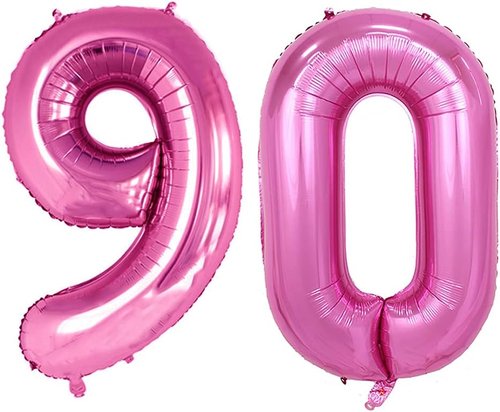 GOER 90th Birthday Balloons - 42 Inch Jumbo Hot Pink Foil Helium Decorations for Anniversary