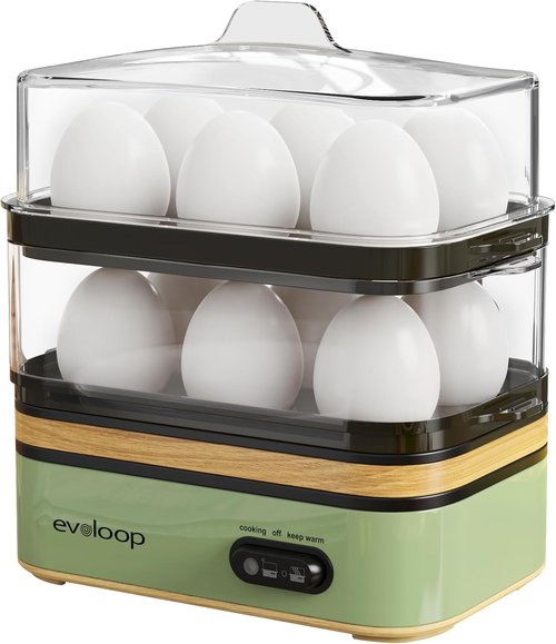 Evoloop Electric Egg Cooker - Rapid 12 Egg Capacity for Soft, Medium, Hard Boiled & Poached Eggs - BPA Free Green