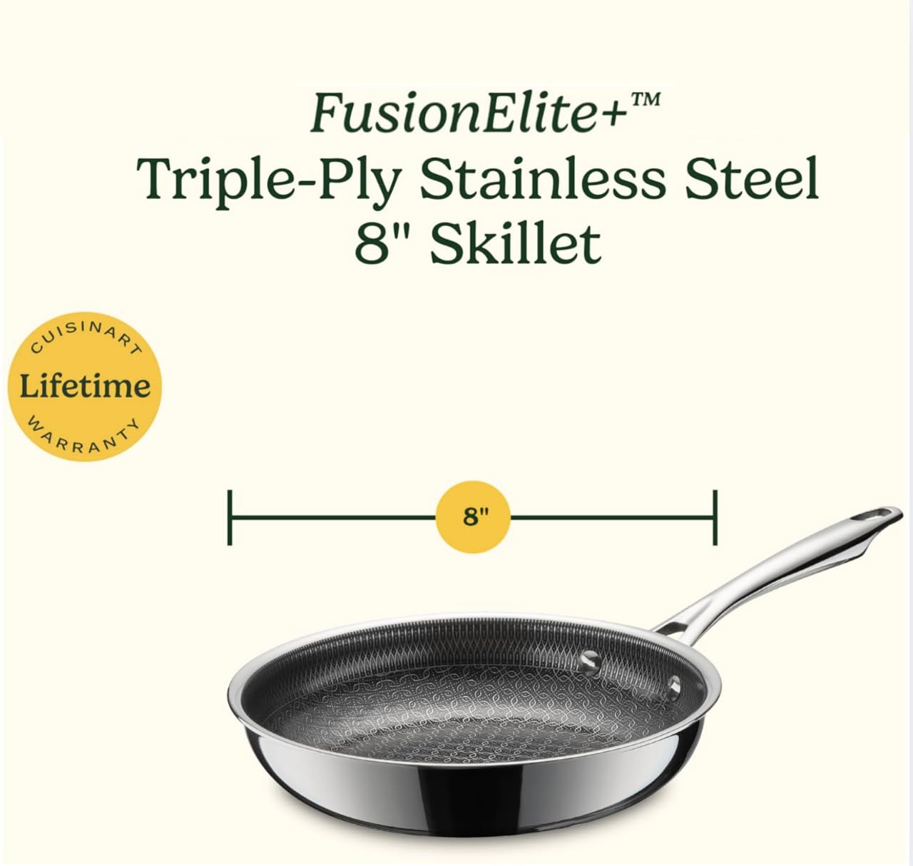Cuisinart FusionElite+ Hybrid Tri-Ply Stainless Steel Skillet, 8″ Skillet Frying Pan with PURELYSEAR Ceramic Technology, Scratch Proof, Cool Grip Handles, Dishwasher Safe