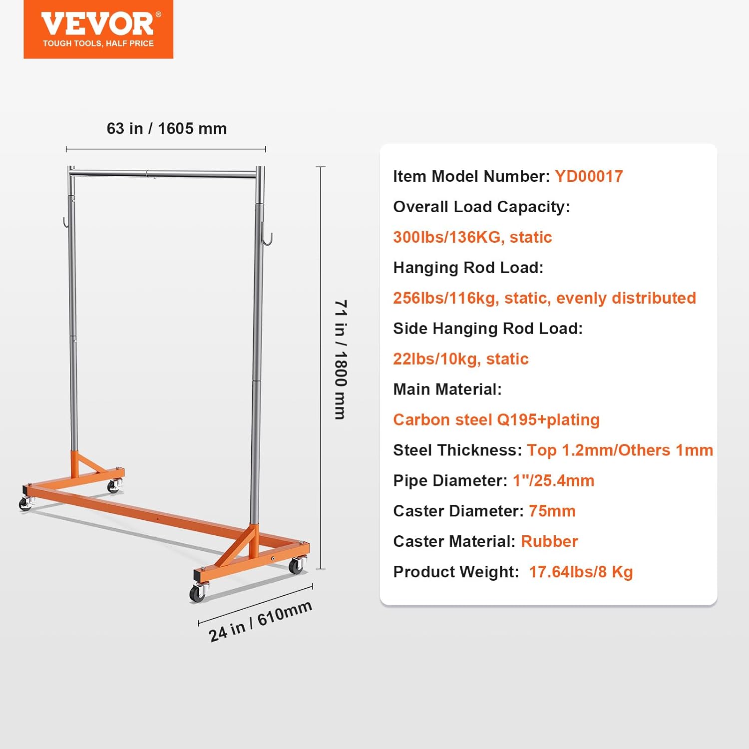 VEVOR Z Rack - Industrial Grade Rolling Garment Rack with Lockable Casters - Sturdy Steel, Orange (3 Sets)