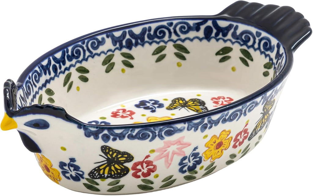 Uiifan 27 Oz Ceramic Casserole Dish - Vintage Chicken Shape Bakeware with Butterfly & Flower Design
