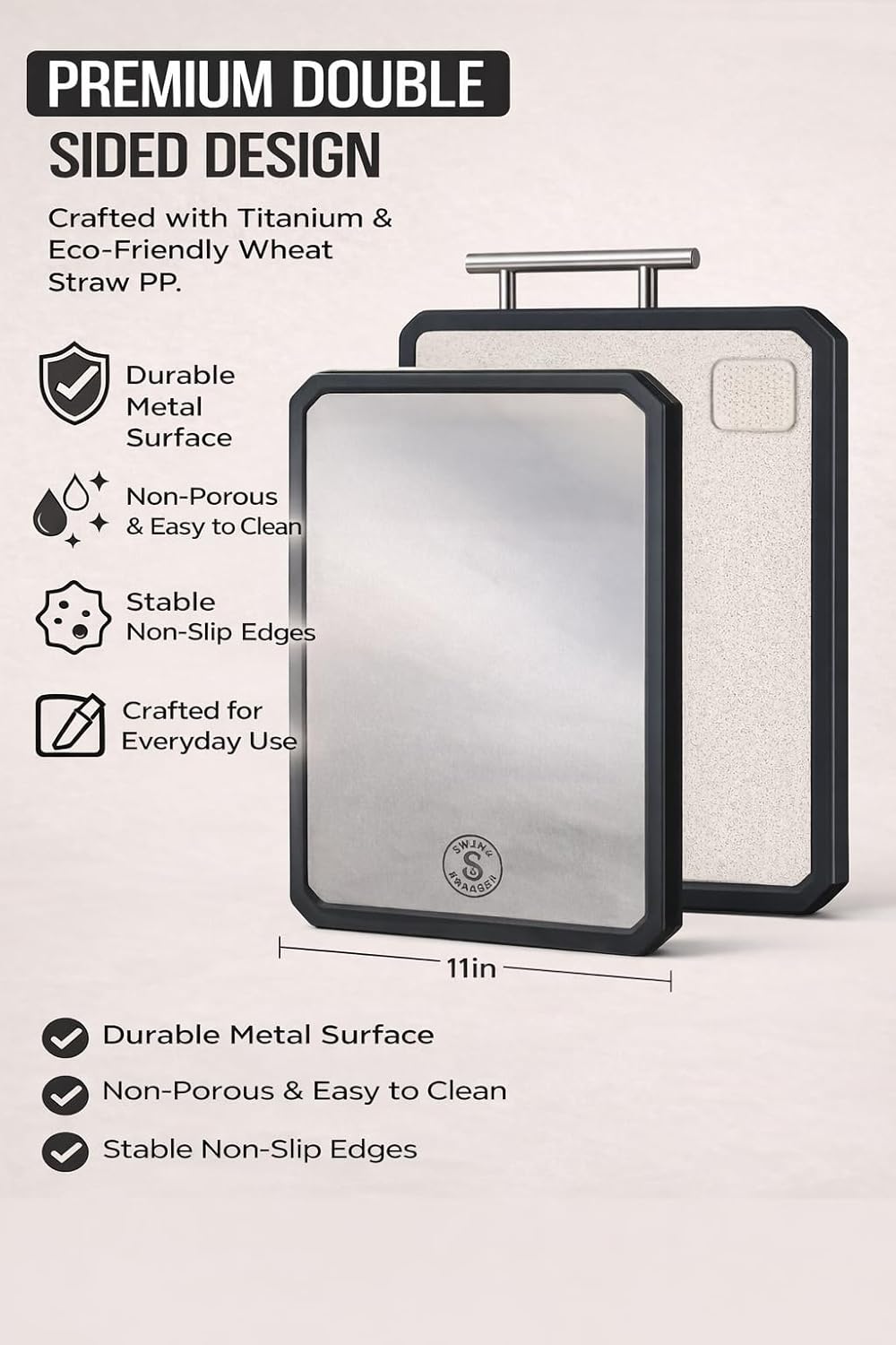 Titanium Cutting Board - Double-Sided Metal Kitchen Board with Scraper | 16” x 11” Large Prep Surface