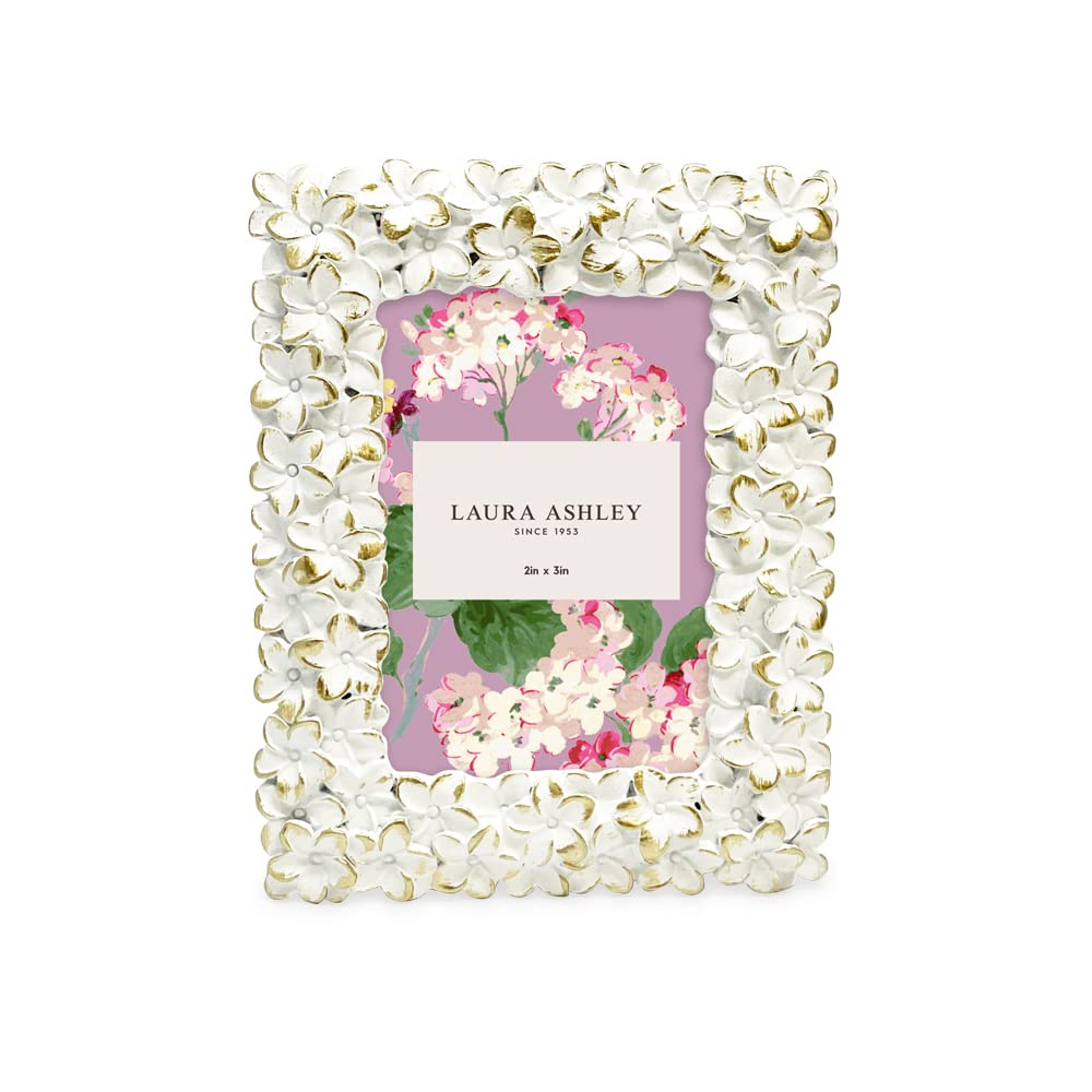 Laura Ashley 2x3 White & Gold Flower Textured Hand-Crafted Resin Picture Frame w/Easel & Hook for Tabletop & Wall Display, Decorative Floral Design Home Décor, Photo Gallery, Art (2x3, White/Gold)