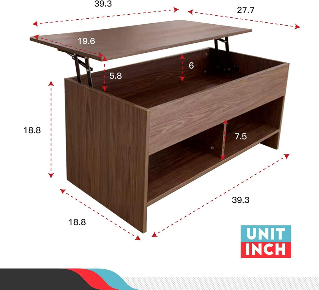 Skiennix Lift Top Coffee Table - Modern Pop-Up Design with Hidden Compartment & Storage Shelf | Brown
