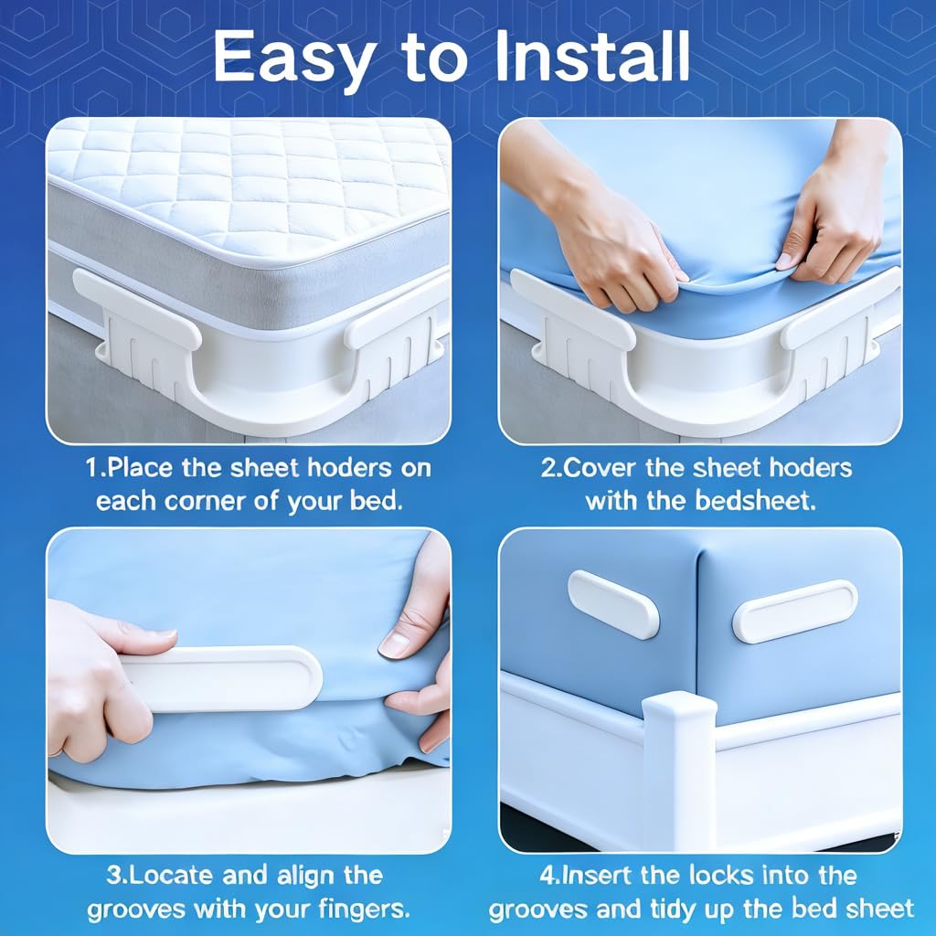 DDGEAA Bed Sheet Holders for Corners, Lock Sheet Holders, 4Pcs Fitted Sheet Holders Keep Sheets Firm & Tight, Durable Heavy Duty Bed Sheet Clips, Sheet Locks, Fit All Mattress Easy Install - White