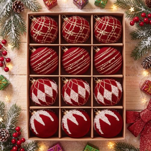 Red Velvet Christmas Ornaments Set - 12 Pieces, 3.15 Inch Flocking Holiday Balls, Variation of THIS listing