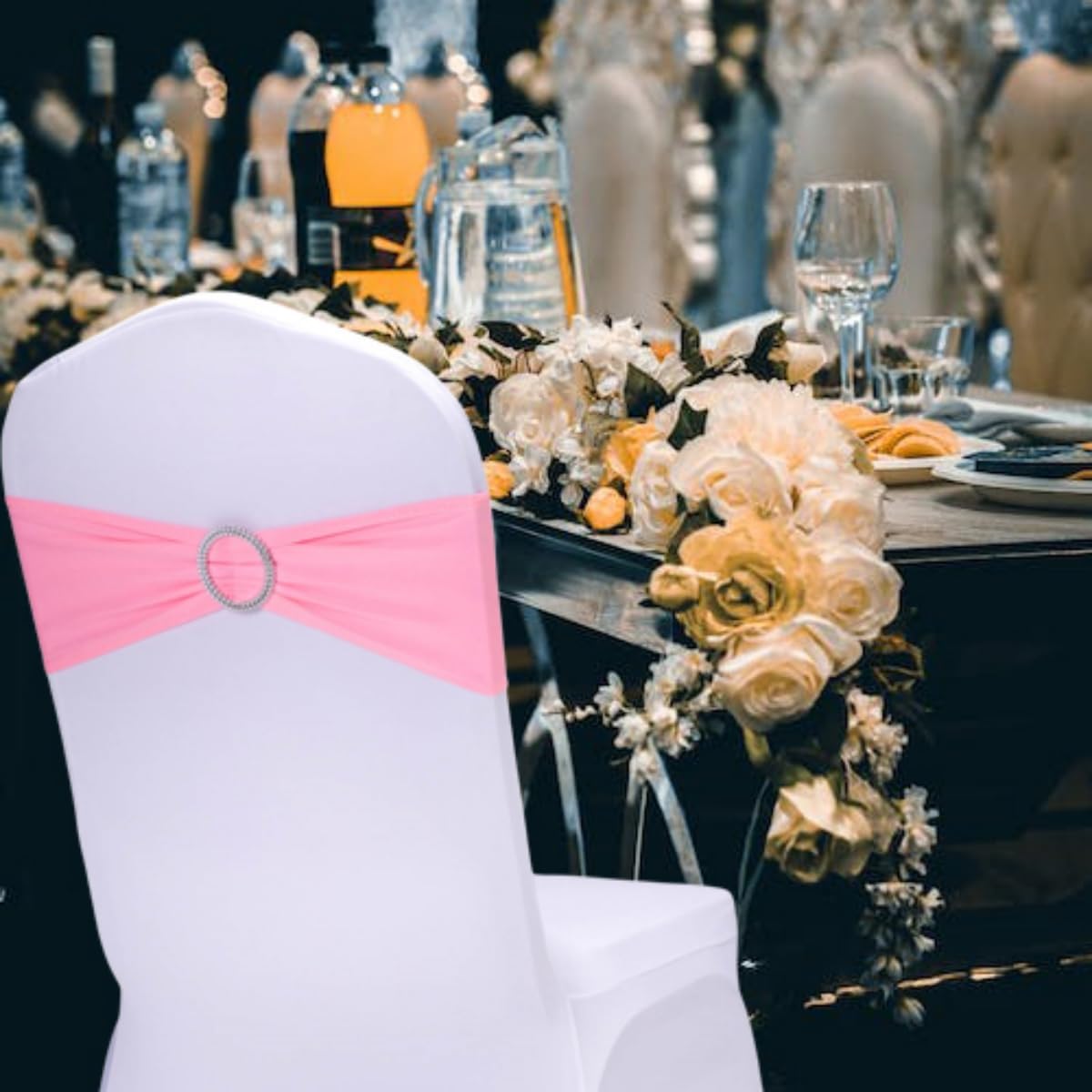 Skiennix Pink Chair Sashes - 30 Pack Stretch Spandex with Elastic Bow & Buckle for Weddings & Events