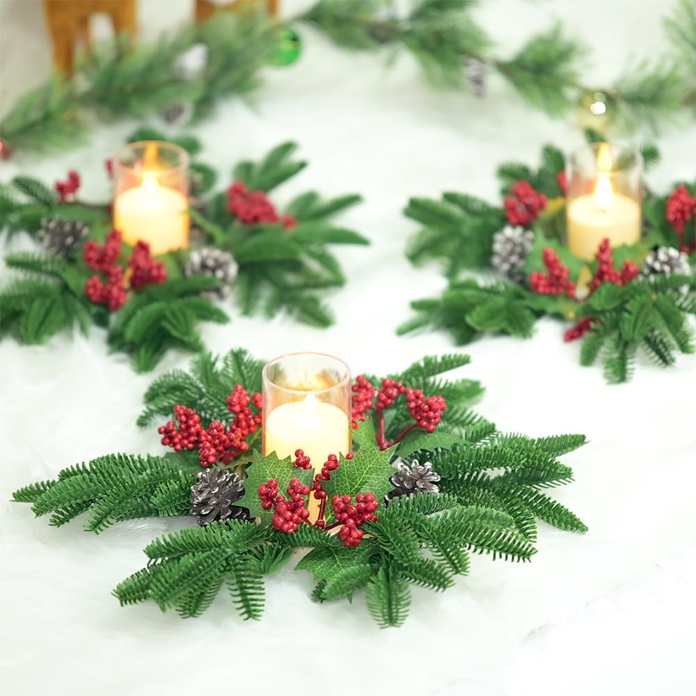 Skiennix Christmas Small Wreaths - 3Pcs 13.5-Inch Greenery Pine Candle Rings for Home Decor