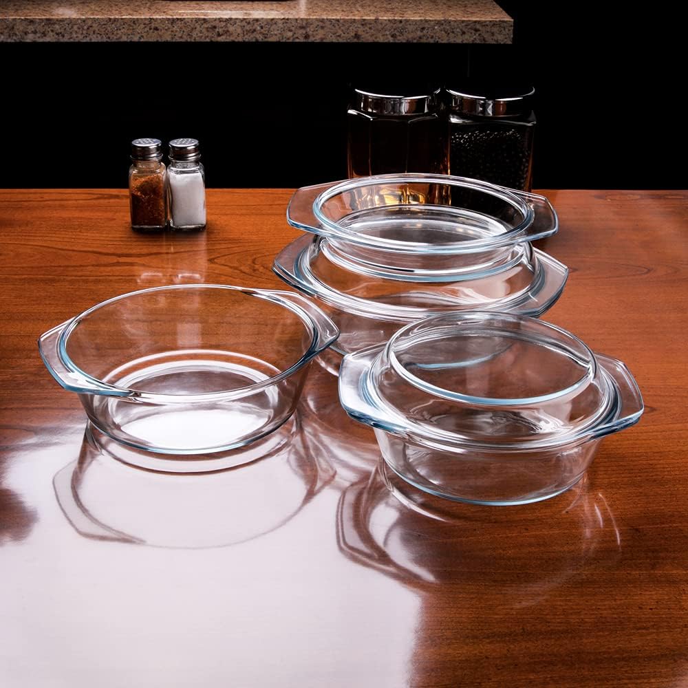 Regine Switzerland Round Tempered Glass Casserole Dish Set - 6 Pieces with Lids, Oven & Dishwasher Safe | 1QT, 1.5QT, 1.8QT