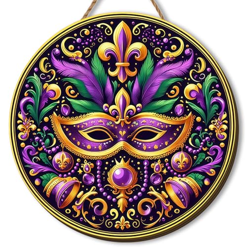 Mardi Gras Wooden Door Wreath 12x12 Inch Carnival Welcome Sign