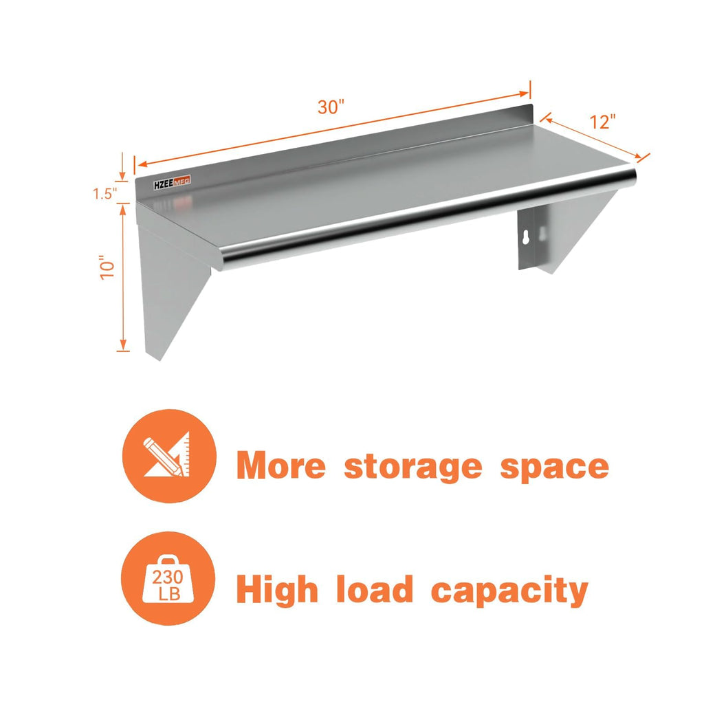 HZEEMFG NSF Stainless Steel Wall Mounted Shelf 12 x 30 inch Heavy Duty 250 lbs Metal Floating Shelving Commercial Storage Rack Shelves for Kitchen, Restaurant, Laundry, Gym and Home